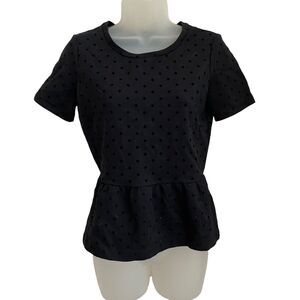 Madewell XS Blouse Peplum Polka Dot Top Black Short Sleeve Velvet